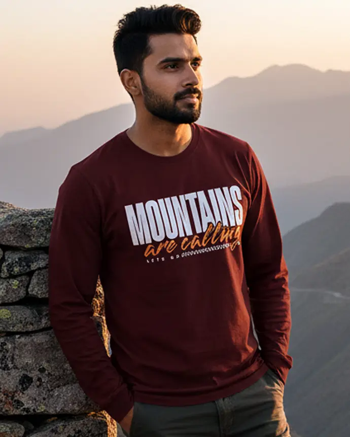 Dundri Full Sleeve T-Shirt – Trendy Outdoor Style Tee Dundri Men’s Full Sleeve T-Shirt – Mountains Are Calling Print, Premium Cotton