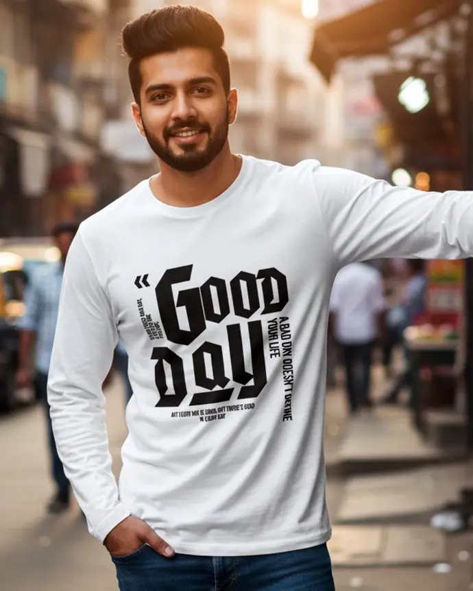 Dundri Full Sleeve T-Shirt – Comfortable Everyday Wear Dundri Men’s Full Sleeve T-Shirt – Good Day Print, Premium Cotton Fabric