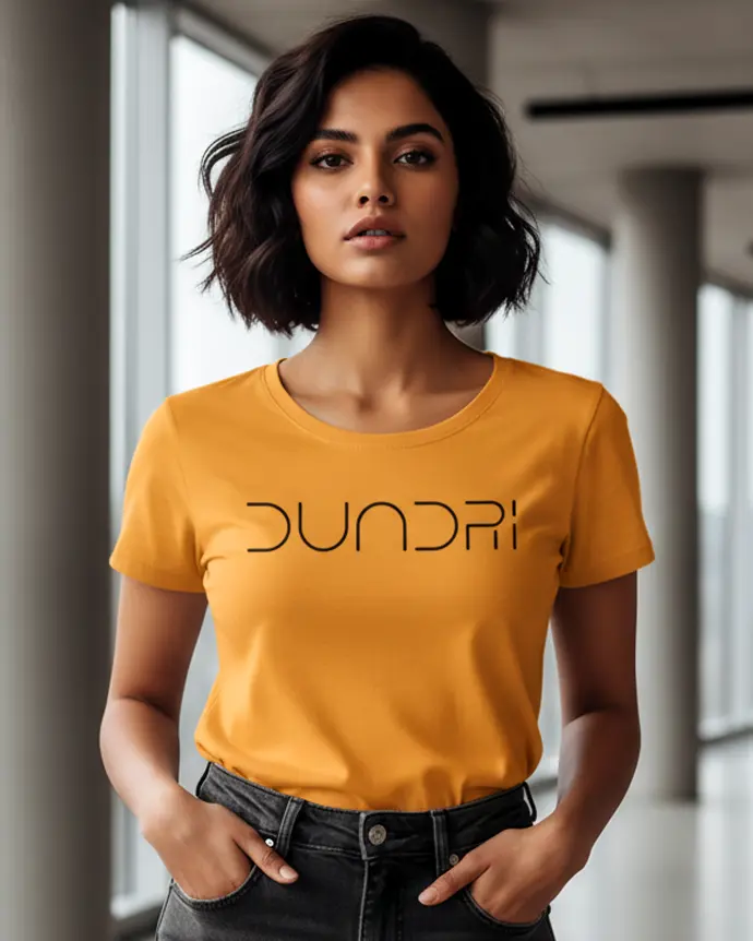 Dundri women’s round neck half sleeve t-shirt with front logo print in soft cotton