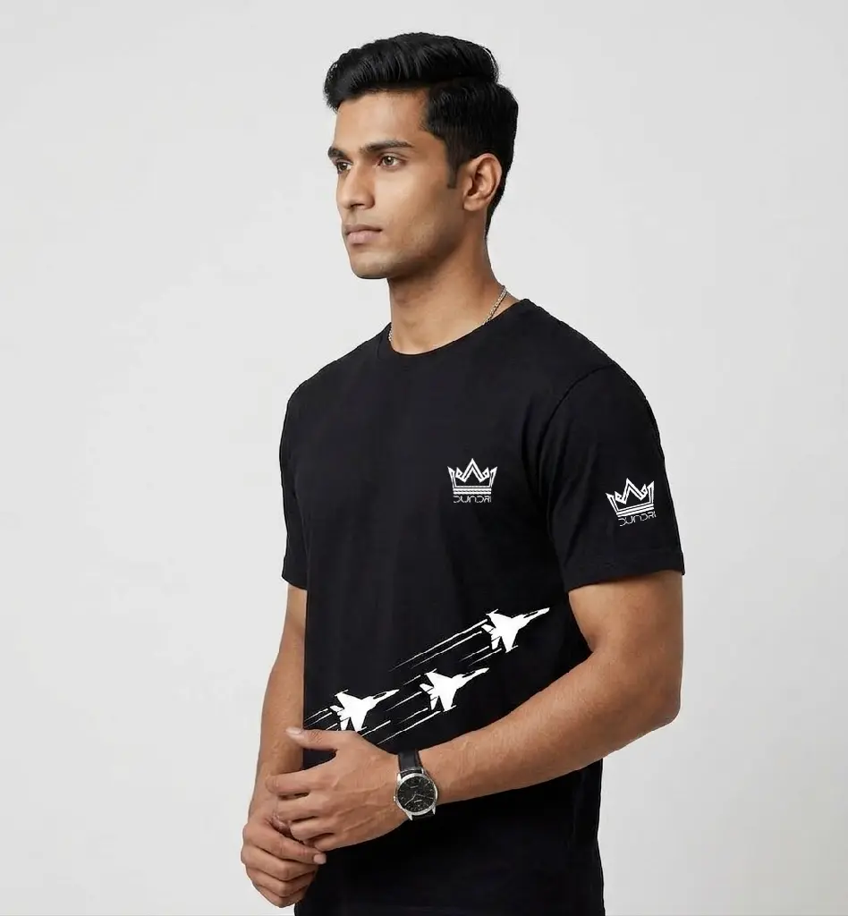Dundri Jet Fighter Unisex Stretch T-shirt side pose.webp