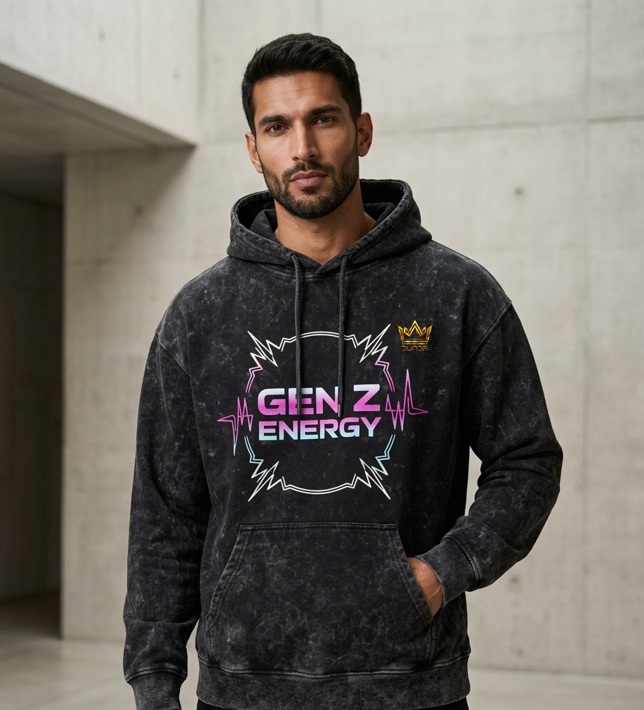 Dundri Gen Z Energy Men Acid Washed Hoodie (Black, S)